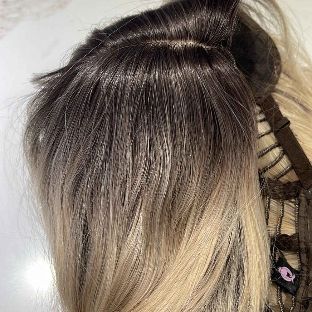 HAIR, 16” Wavy, Center Part, Curtain Bangs, with Eyelashes Ombre to Blonde - Picture 11 of 12